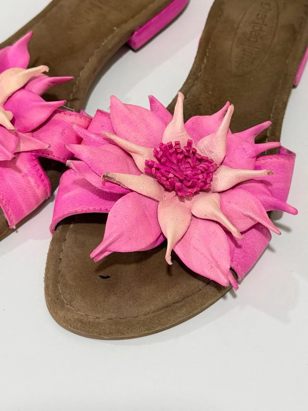 Anthropologie SHERIDAN MIA Pink Flower Suede Thongs Sandal Women Size 38